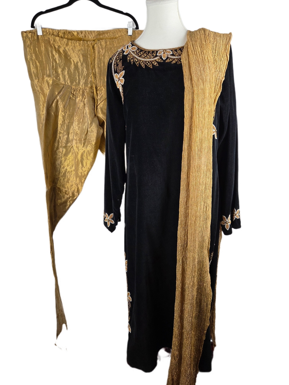3-Piece Black Velvet Salwar Kameez Set with Gold Embroidery & Metallic Dupatta
